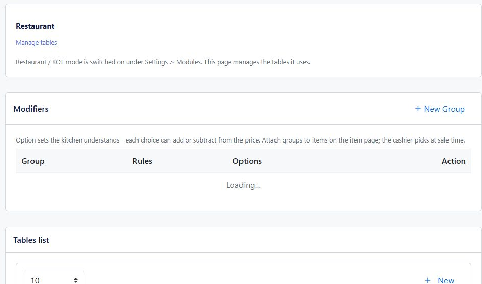 Restaurant settings with Manage tables modifiers and tables list