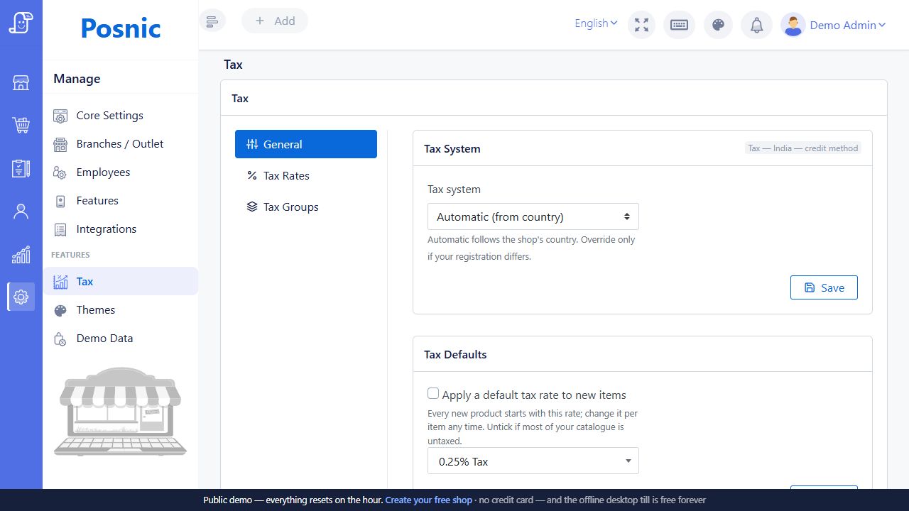 Tax general tab with tax system and tax defaults