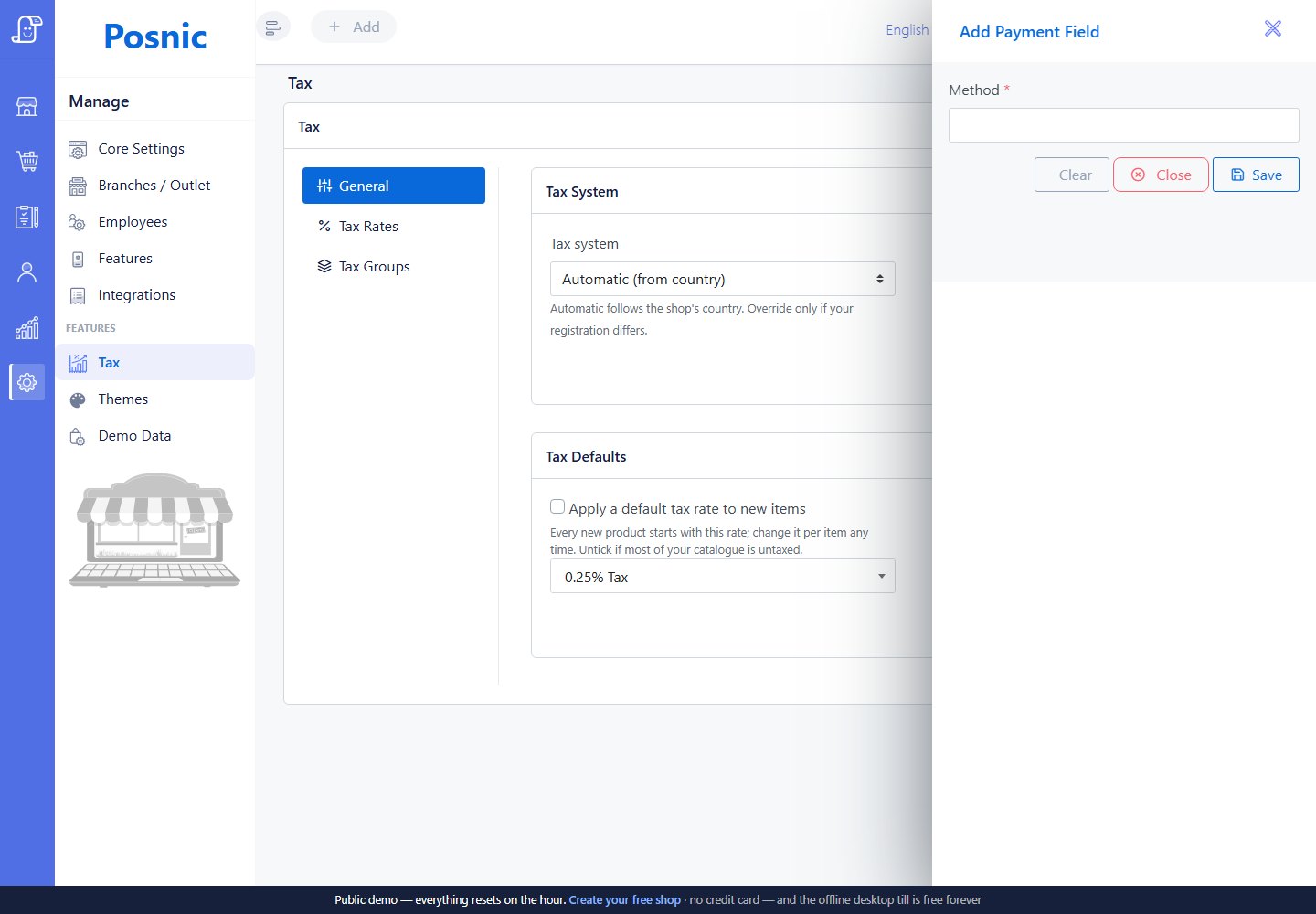 Tax settings screen with tax system and default tax controls