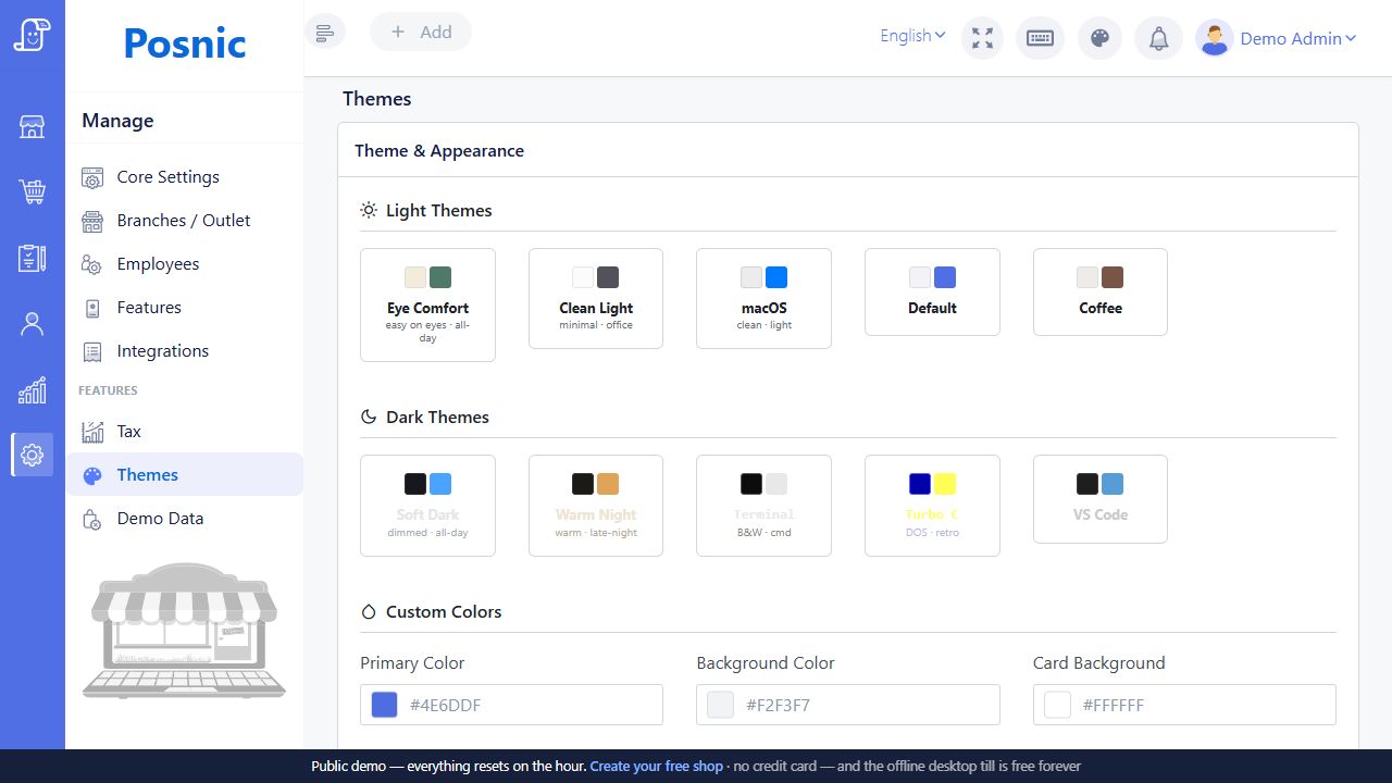 Theme and Appearance page with light themes dark themes custom colors typography preview reset and save buttons