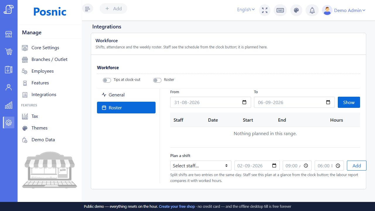 Workforce roster tab with date range roster table and plan a shift inputs