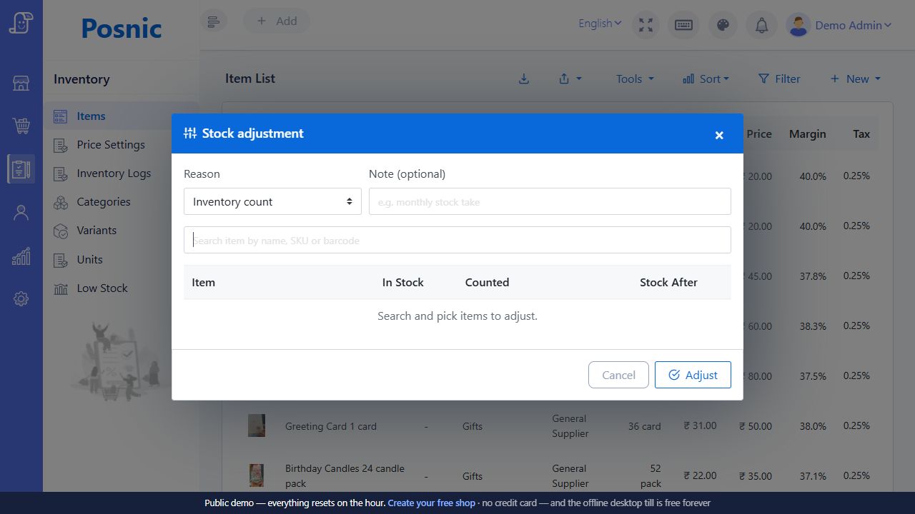 Live Posnic Stock adjustment dialog with reason note item search current stock counted quantity and stock-after columns