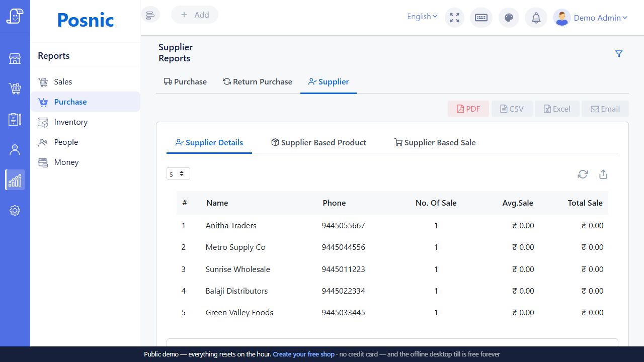 Live Posnic Supplier Details report showing five supplier summary rows