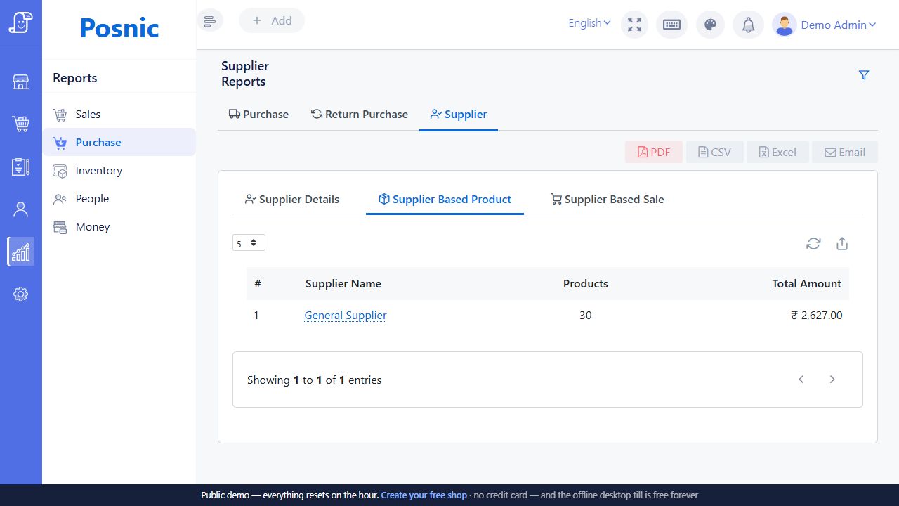 Live Posnic Supplier Based Product tab with supplier product count and total amount