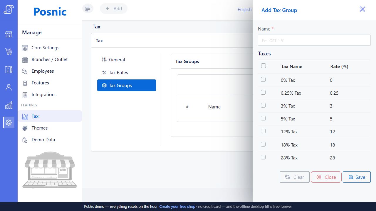 Live Add Tax Group panel with group name and selectable tax-rate rows