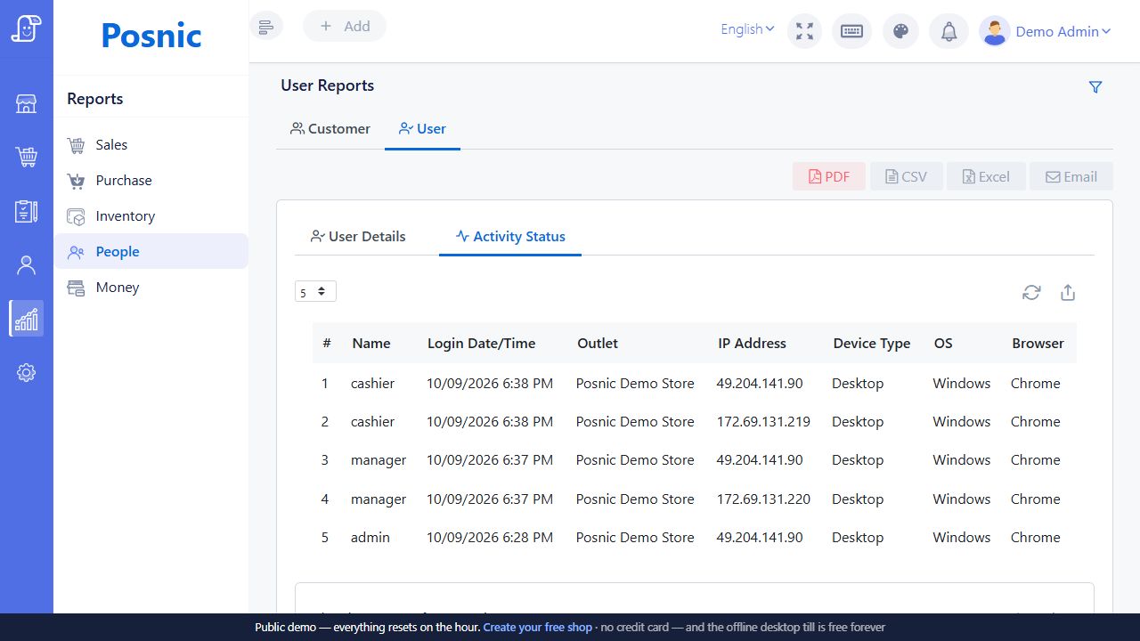 Live Posnic Activity Status report listing user login time outlet IP address device operating system and browser