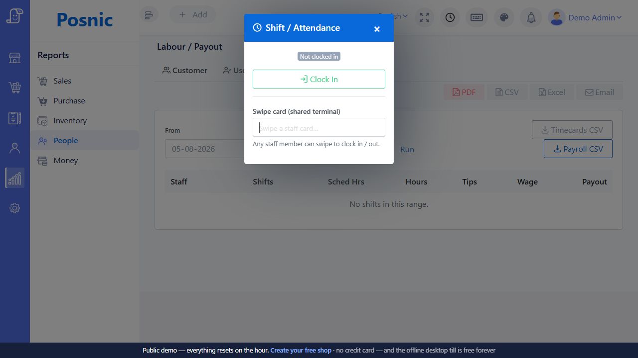 Posnic Shift and Attendance modal that creates the source attendance records
