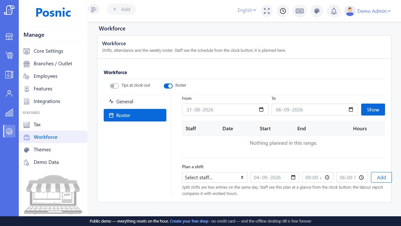 Live Posnic Workforce Roster tab with date range table and Plan a shift controls