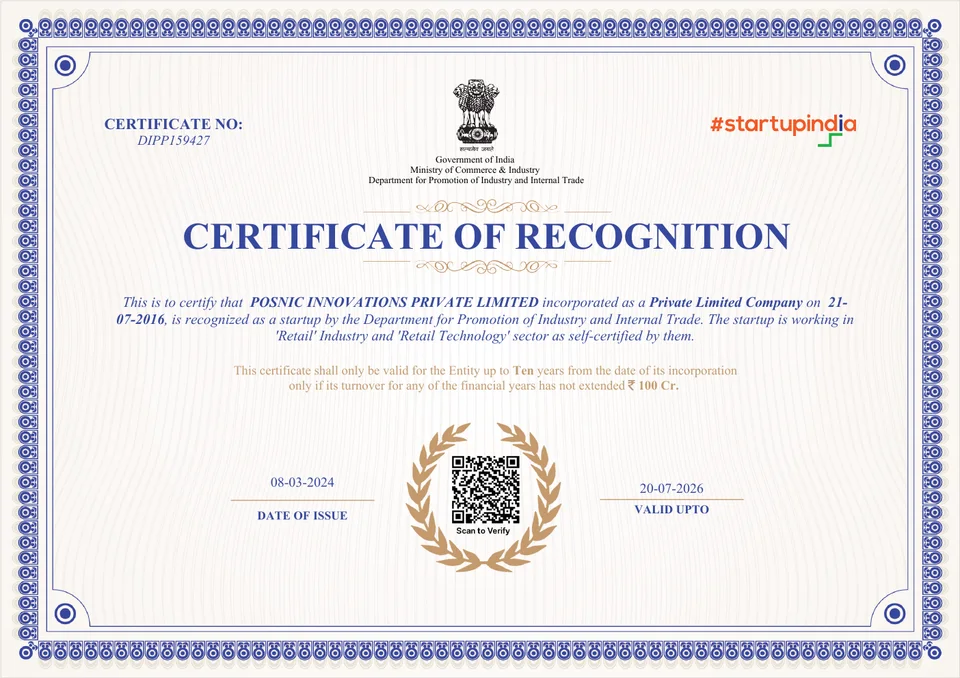 DPIIT certificate naming Posnic Innovations Private Limited and its 21 July 2016 incorporation date